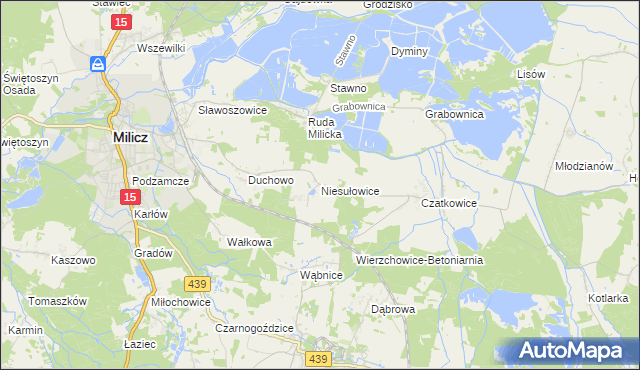 mapa Niesułowice gmina Milicz, Niesułowice gmina Milicz na mapie Targeo