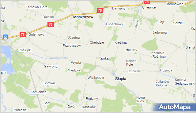 mapa Rawka gmina Słupia, Rawka gmina Słupia na mapie Targeo