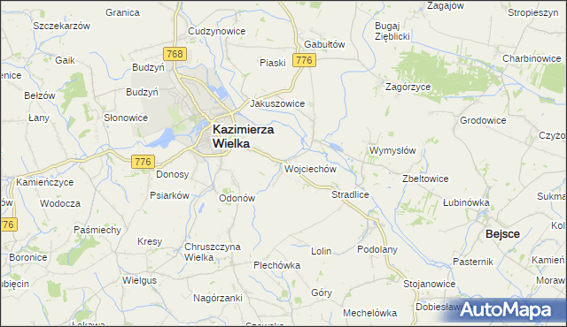 mapa Wojciechów gmina Kazimierza Wielka, Wojciechów gmina Kazimierza Wielka na mapie Targeo