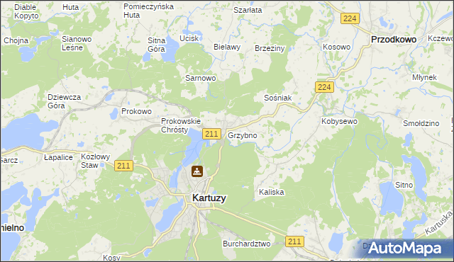 mapa Grzybno gmina Kartuzy, Grzybno gmina Kartuzy na mapie Targeo