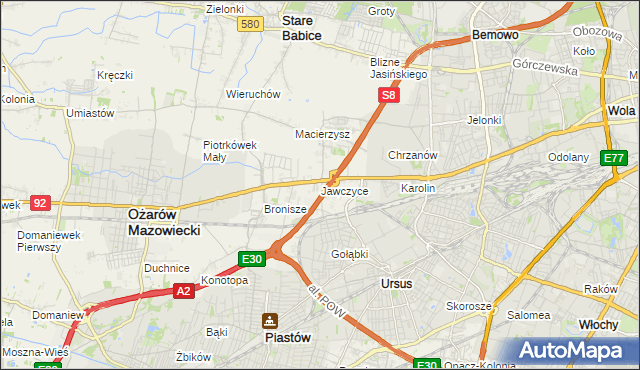 mapa Jawczyce gmina Ożarów Mazowiecki, Jawczyce gmina Ożarów Mazowiecki na mapie Targeo