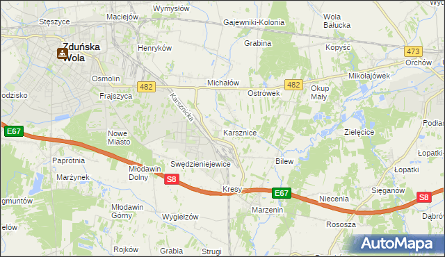 mapa Karsznice gmina Zduńska Wola, Karsznice gmina Zduńska Wola na mapie Targeo