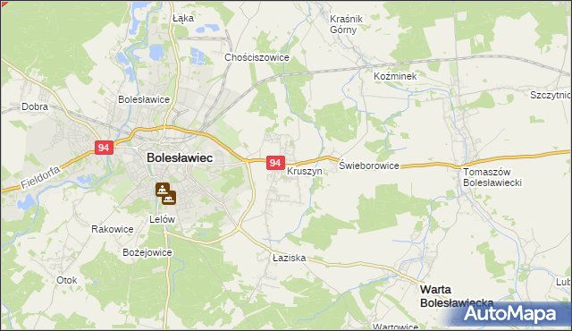 mapa Kruszyn gmina Bolesławiec, Kruszyn gmina Bolesławiec na mapie Targeo