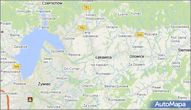 mapa Łękawica powiat żywiecki, Łękawica powiat żywiecki na mapie Targeo