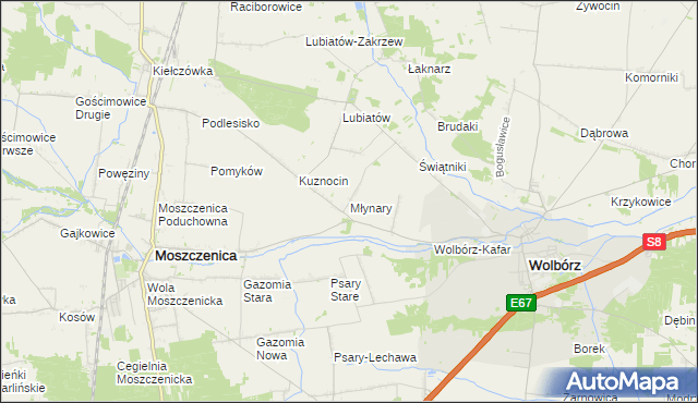 mapa Młynary gmina Wolbórz, Młynary gmina Wolbórz na mapie Targeo