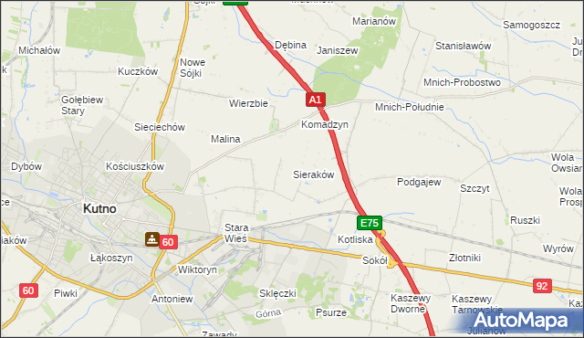 mapa Sieraków gmina Kutno, Sieraków gmina Kutno na mapie Targeo