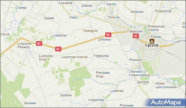 mapa Trębaczów gmina Łęczna, Trębaczów gmina Łęczna na mapie Targeo