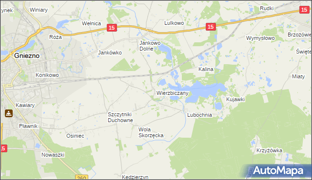 mapa Wierzbiczany gmina Gniezno, Wierzbiczany gmina Gniezno na mapie Targeo