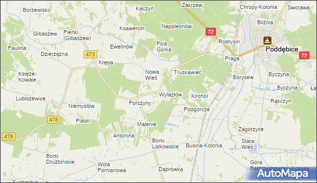 mapa Wylazłów gmina Poddębice, Wylazłów gmina Poddębice na mapie Targeo