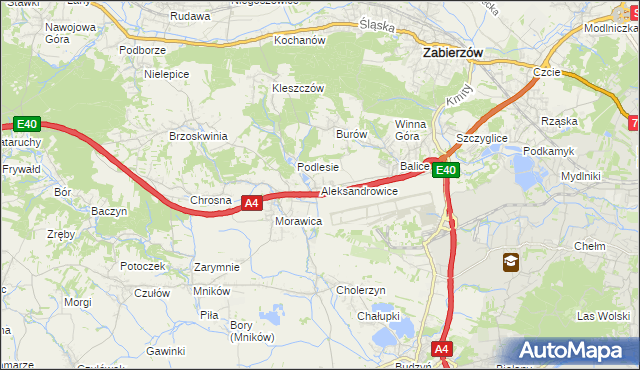 mapa Aleksandrowice gmina Zabierzów, Aleksandrowice gmina Zabierzów na mapie Targeo