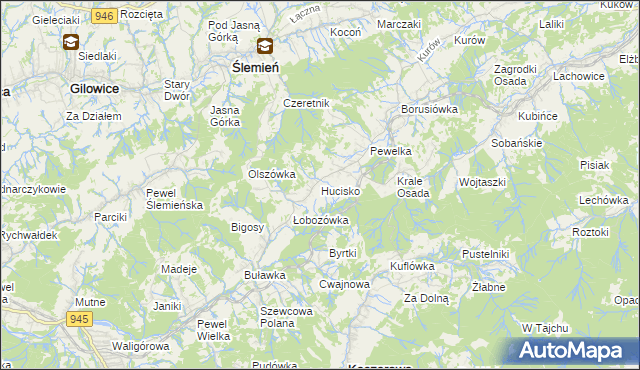 mapa Hucisko gmina Stryszawa, Hucisko gmina Stryszawa na mapie Targeo