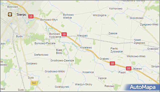 mapa Kisielewo gmina Sierpc, Kisielewo gmina Sierpc na mapie Targeo