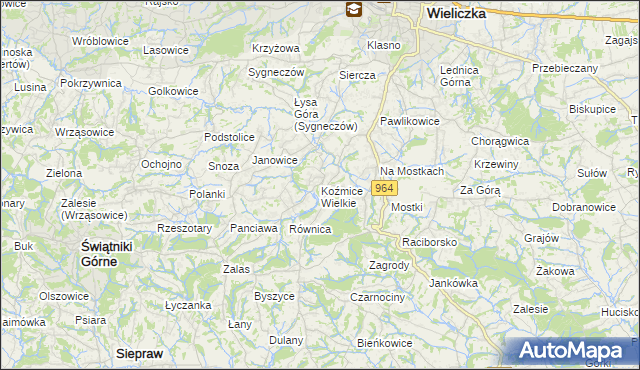 mapa Koźmice Wielkie, Koźmice Wielkie na mapie Targeo