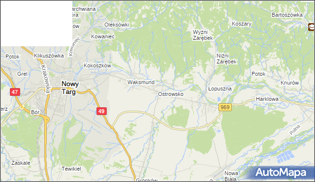 mapa Ostrowsko gmina Nowy Targ, Ostrowsko gmina Nowy Targ na mapie Targeo