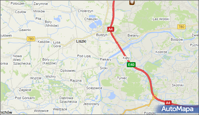 mapa Piekary gmina Liszki, Piekary gmina Liszki na mapie Targeo