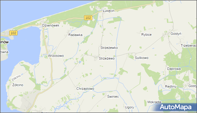 mapa Strzeżewo gmina Kamień Pomorski, Strzeżewo gmina Kamień Pomorski na mapie Targeo