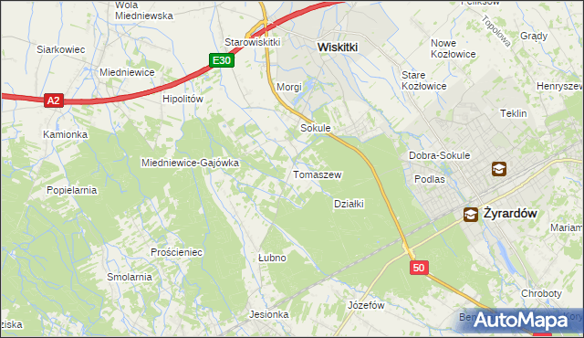 mapa Tomaszew gmina Wiskitki, Tomaszew gmina Wiskitki na mapie Targeo
