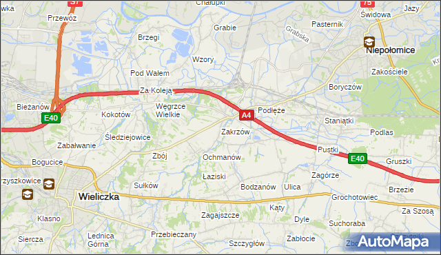 mapa Zakrzów gmina Niepołomice, Zakrzów gmina Niepołomice na mapie Targeo