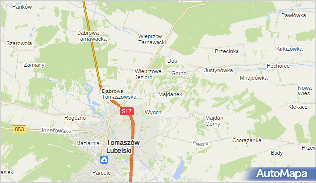 mapa Majdanek gmina Tomaszów Lubelski, Majdanek gmina Tomaszów Lubelski na mapie Targeo