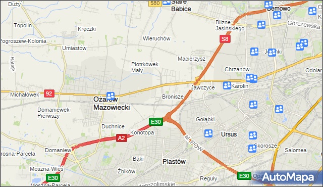 mapa Bronisze gmina Ożarów Mazowiecki, Bronisze gmina Ożarów Mazowiecki na mapie Targeo