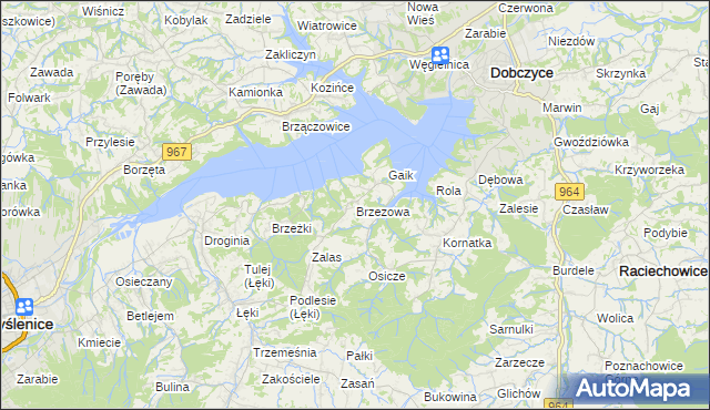mapa Brzezowa gmina Dobczyce, Brzezowa gmina Dobczyce na mapie Targeo