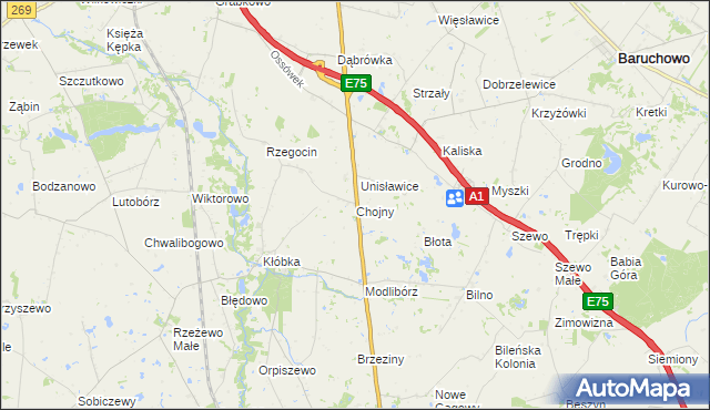 mapa Chojny gmina Lubień Kujawski, Chojny gmina Lubień Kujawski na mapie Targeo