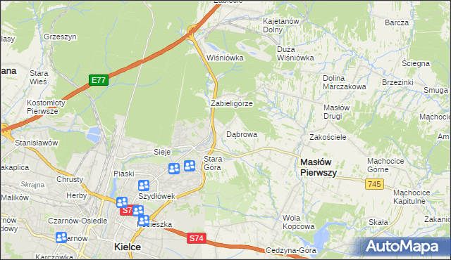 mapa Dąbrowa gmina Masłów, Dąbrowa gmina Masłów na mapie Targeo