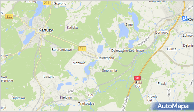 mapa Dzierżążno gmina Kartuzy, Dzierżążno gmina Kartuzy na mapie Targeo
