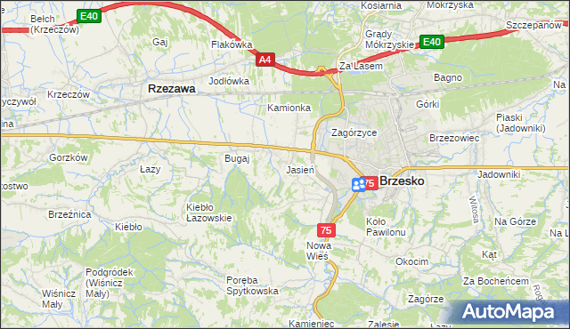 mapa Jasień gmina Brzesko, Jasień gmina Brzesko na mapie Targeo