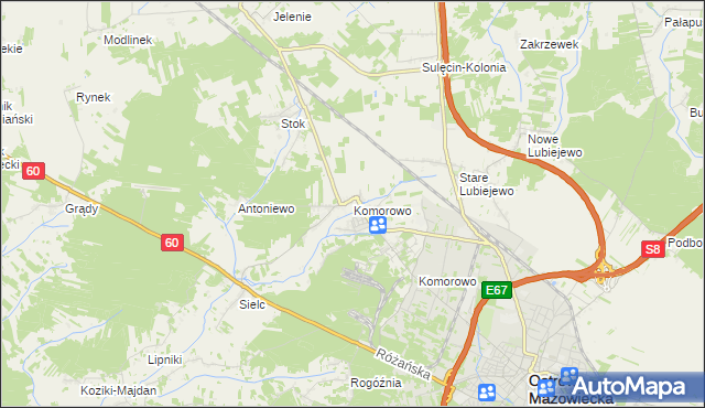 mapa Komorowo gmina Ostrów Mazowiecka, Komorowo gmina Ostrów Mazowiecka na mapie Targeo