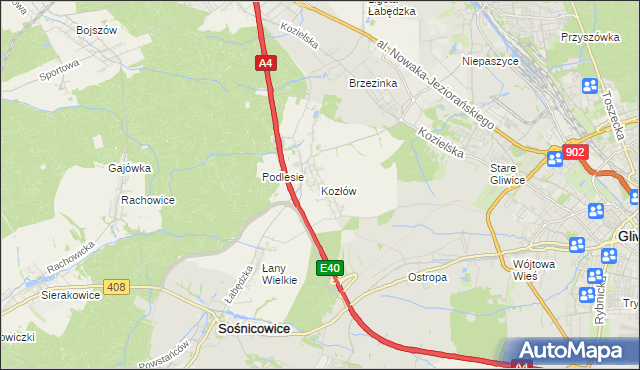 mapa Kozłów gmina Sośnicowice, Kozłów gmina Sośnicowice na mapie Targeo