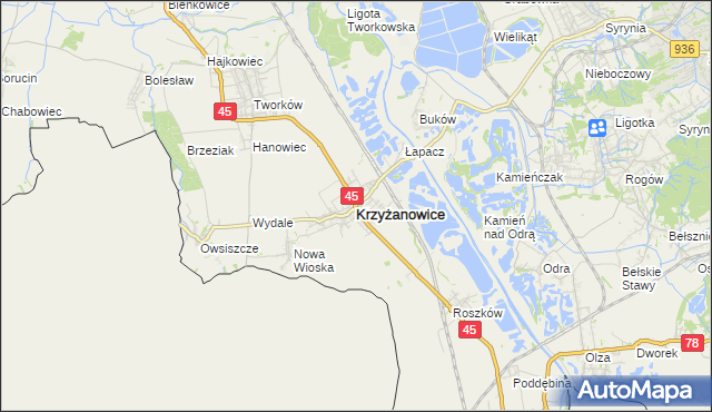 mapa Krzyżanowice powiat raciborski, Krzyżanowice powiat raciborski na mapie Targeo