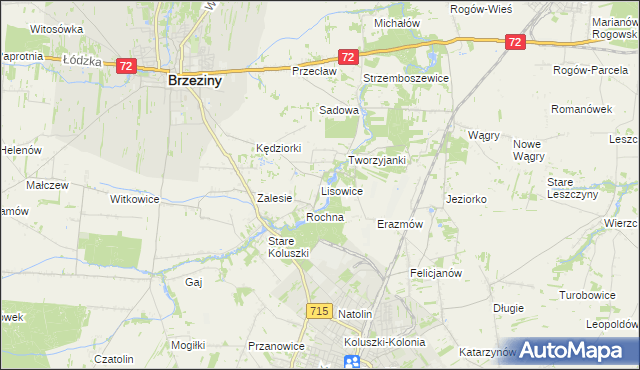 mapa Lisowice gmina Koluszki, Lisowice gmina Koluszki na mapie Targeo