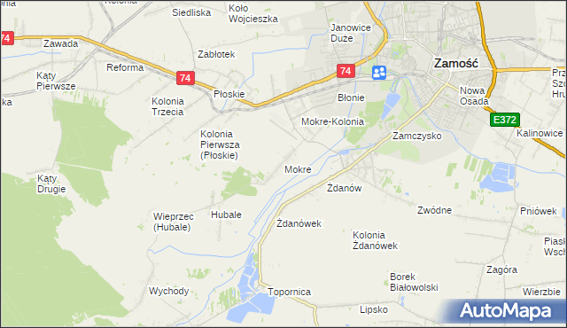 mapa Mokre gmina Zamość, Mokre gmina Zamość na mapie Targeo