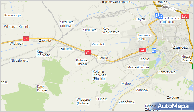 mapa Płoskie gmina Zamość, Płoskie gmina Zamość na mapie Targeo