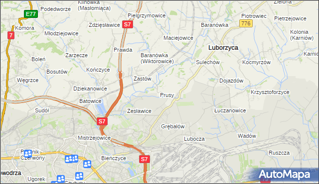 mapa Prusy gmina Kocmyrzów-Luborzyca, Prusy gmina Kocmyrzów-Luborzyca na mapie Targeo