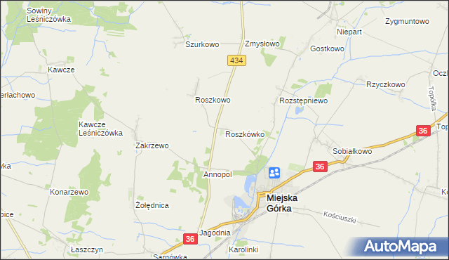mapa Roszkówko gmina Miejska Górka, Roszkówko gmina Miejska Górka na mapie Targeo