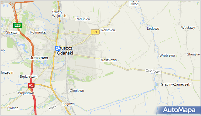 mapa Roszkowo gmina Pruszcz Gdański, Roszkowo gmina Pruszcz Gdański na mapie Targeo