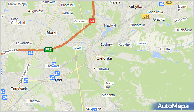 mapa Zielonka powiat wołomiński, Zielonka powiat wołomiński na mapie Targeo
