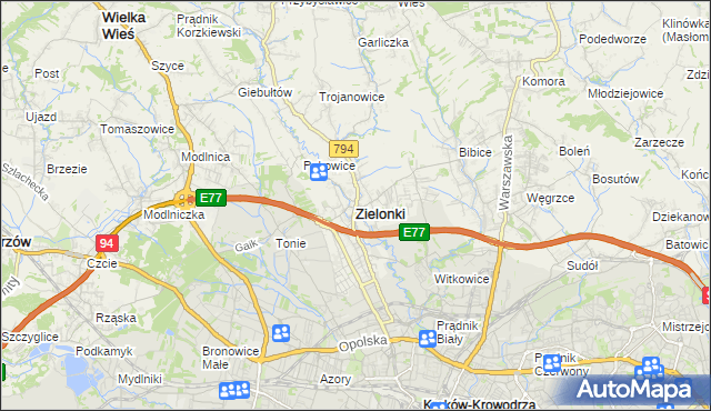 mapa Zielonki powiat krakowski, Zielonki powiat krakowski na mapie Targeo