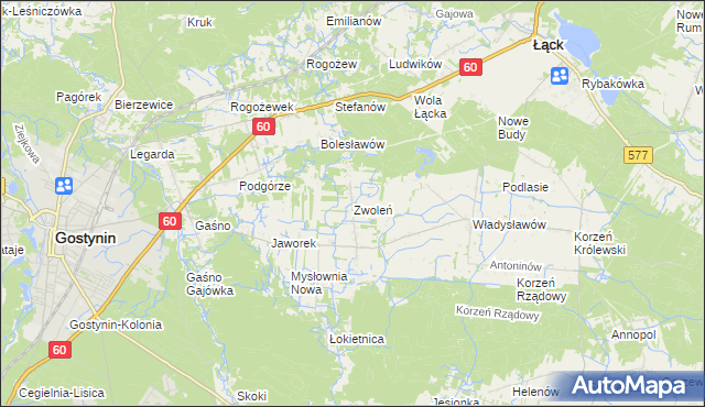 mapa Zwoleń gmina Gostynin, Zwoleń gmina Gostynin na mapie Targeo