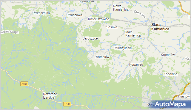 mapa Antoniów gmina Stara Kamienica, Antoniów gmina Stara Kamienica na mapie Targeo