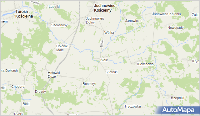 mapa Biele gmina Juchnowiec Kościelny, Biele gmina Juchnowiec Kościelny na mapie Targeo