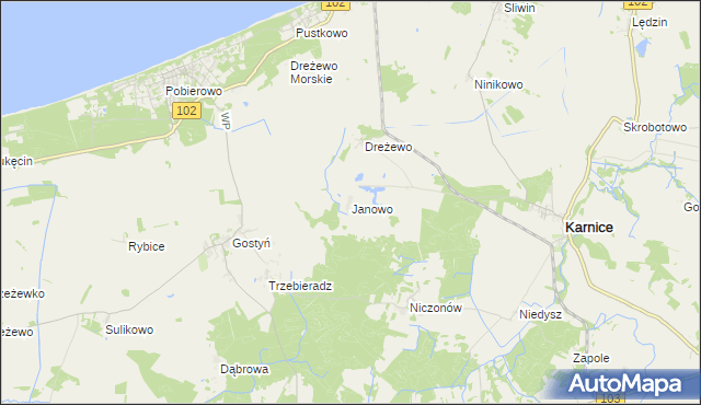 mapa Janowo gmina Karnice, Janowo gmina Karnice na mapie Targeo