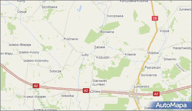 mapa Kożuszki gmina Międzyrzec Podlaski, Kożuszki gmina Międzyrzec Podlaski na mapie Targeo