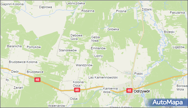 mapa Lipiny gmina Odrzywół, Lipiny gmina Odrzywół na mapie Targeo