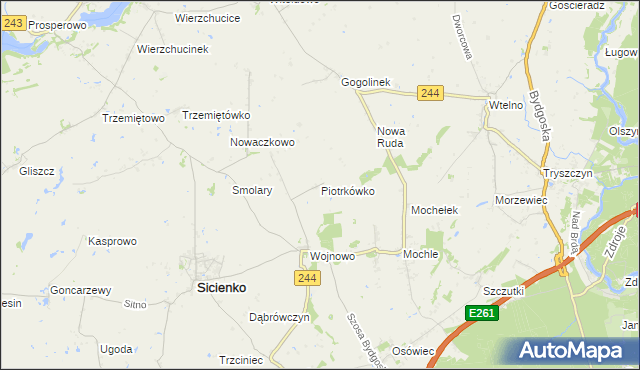 mapa Piotrkówko gmina Sicienko, Piotrkówko gmina Sicienko na mapie Targeo