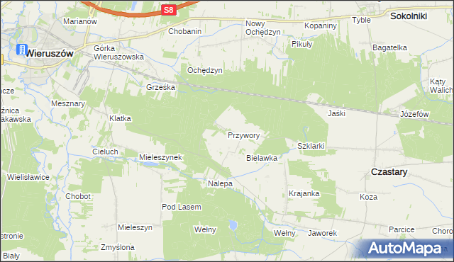 mapa Przywory gmina Czastary, Przywory gmina Czastary na mapie Targeo