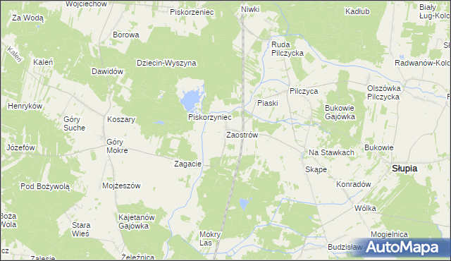 mapa Zaostrów gmina Słupia Konecka, Zaostrów gmina Słupia Konecka na mapie Targeo