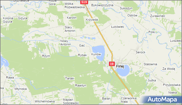 mapa Kunów gmina Firlej, Kunów gmina Firlej na mapie Targeo